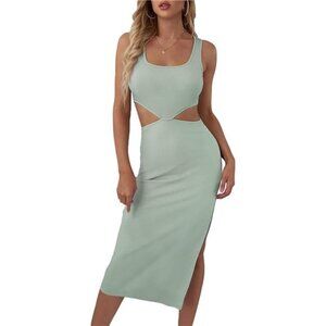 Women's Cut Out Waist Split Side Midi Bodycon Tank Dress, Sleeveless, High Waist